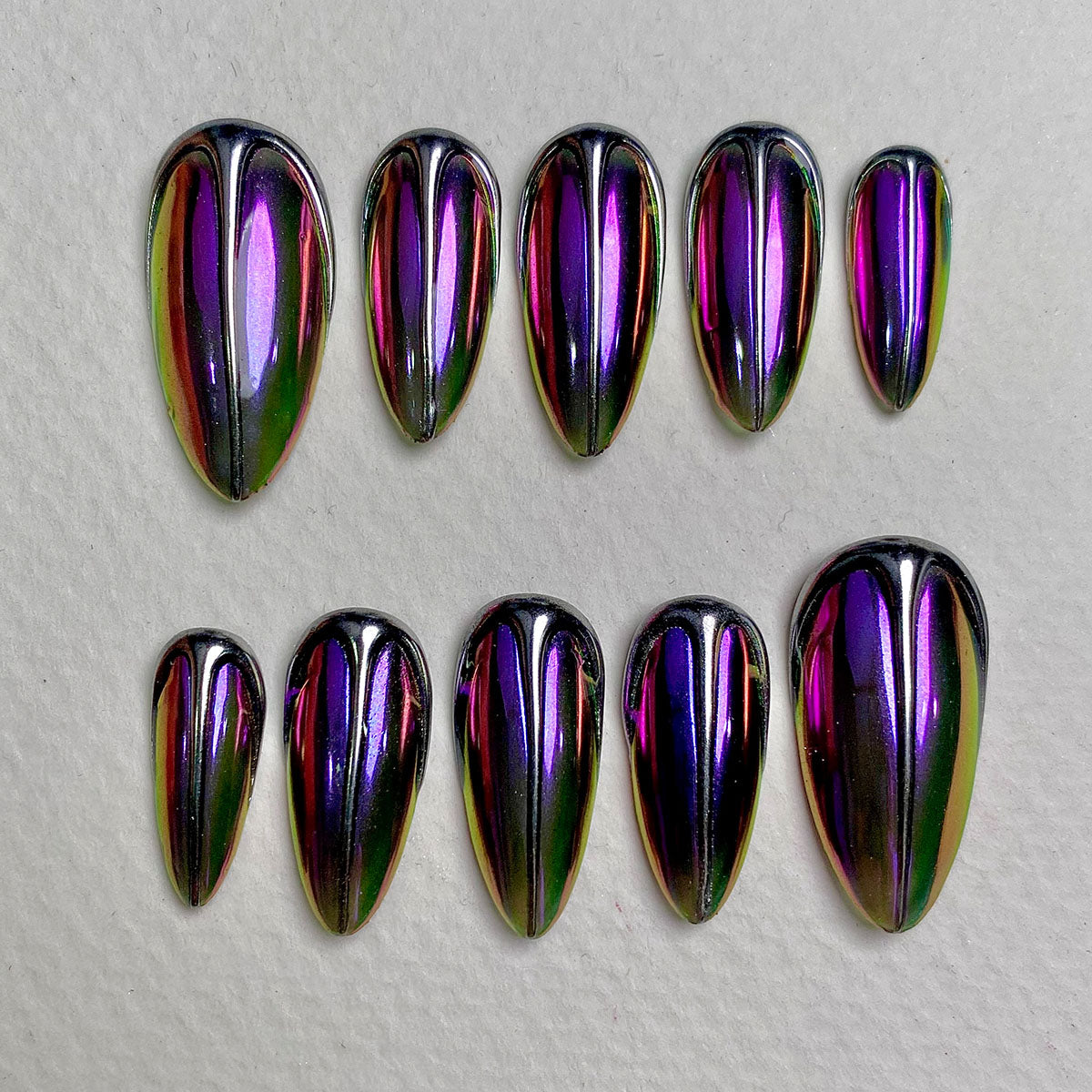 Custom Purple Chrome Press On Nails, Gothic Punk Rock Silver Chrome Fake Nails | Darknailz
