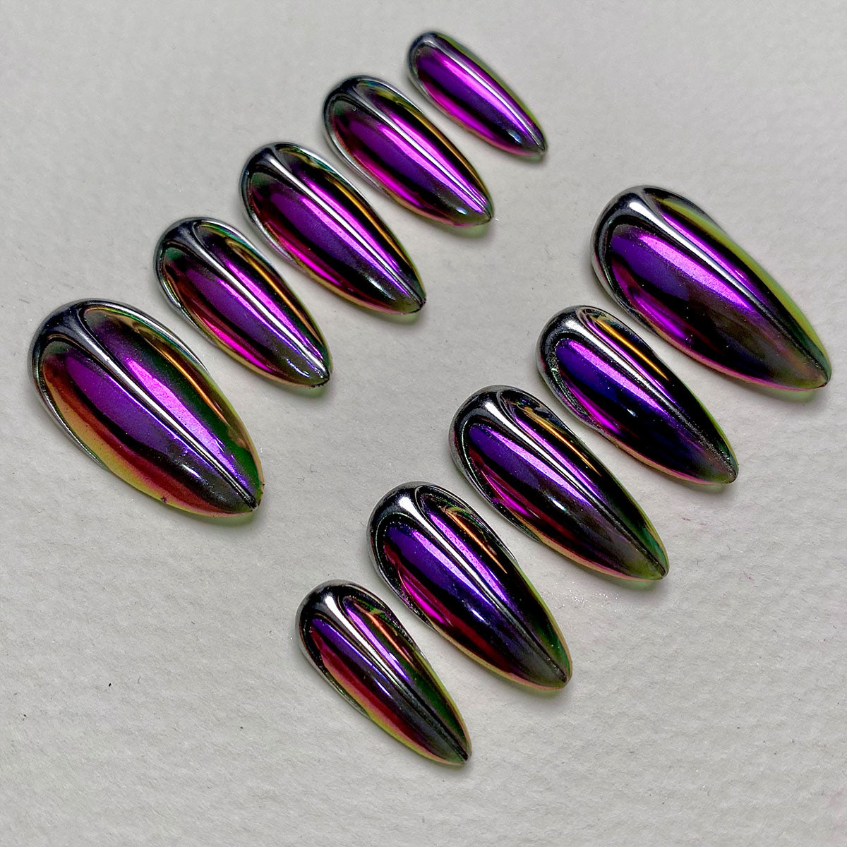 Custom Purple Chrome Press On Nails, Gothic Punk Rock Silver Chrome Fake Nails | Darknailz