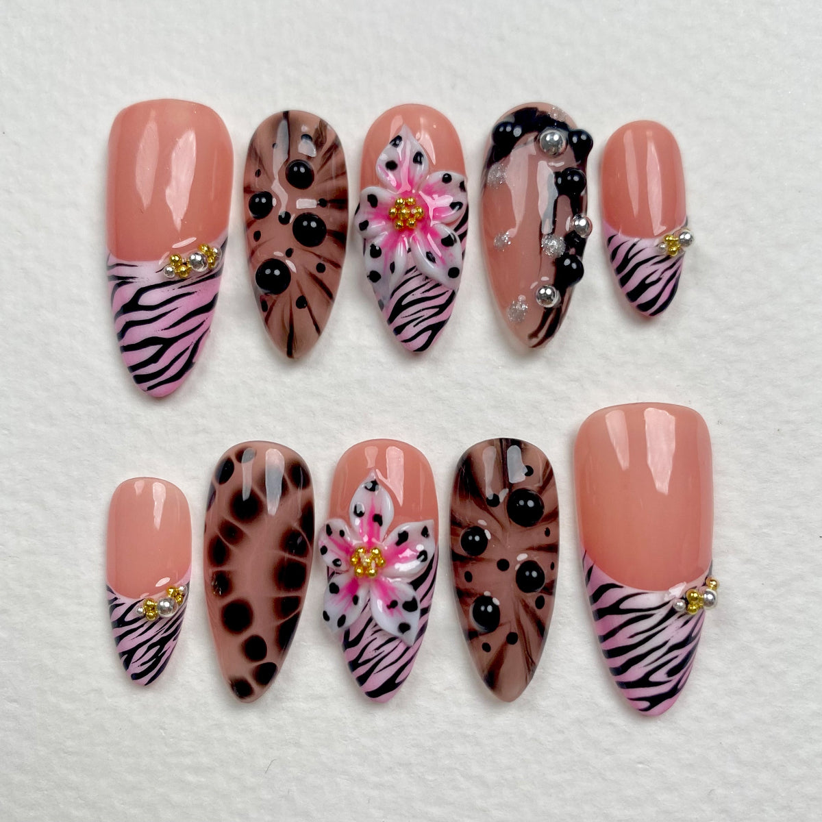 Pink Zebra Nude Press-On Nails, Black Floral Gothic Fake Nails