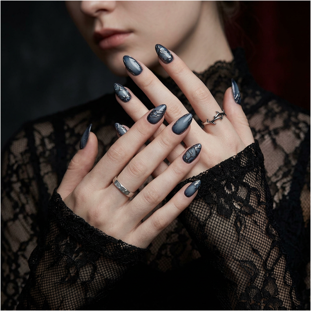 Navy Blue Ombre Press-On Nails, Chrome Vein Dark Gothic Fake Nails