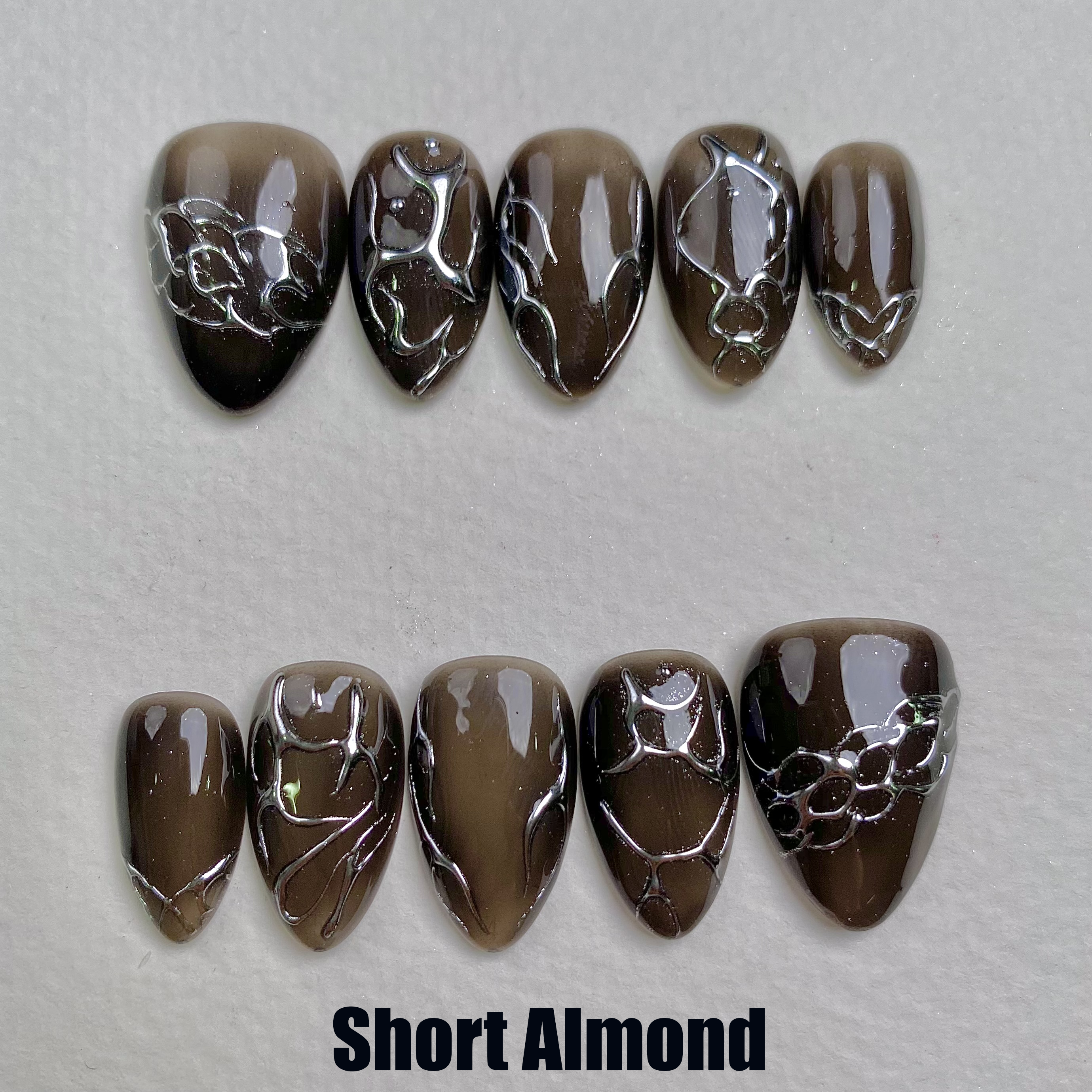 Grey Jelly Ombre Press-On Nails, Chrome Vein Dark Gothic Fake Nails