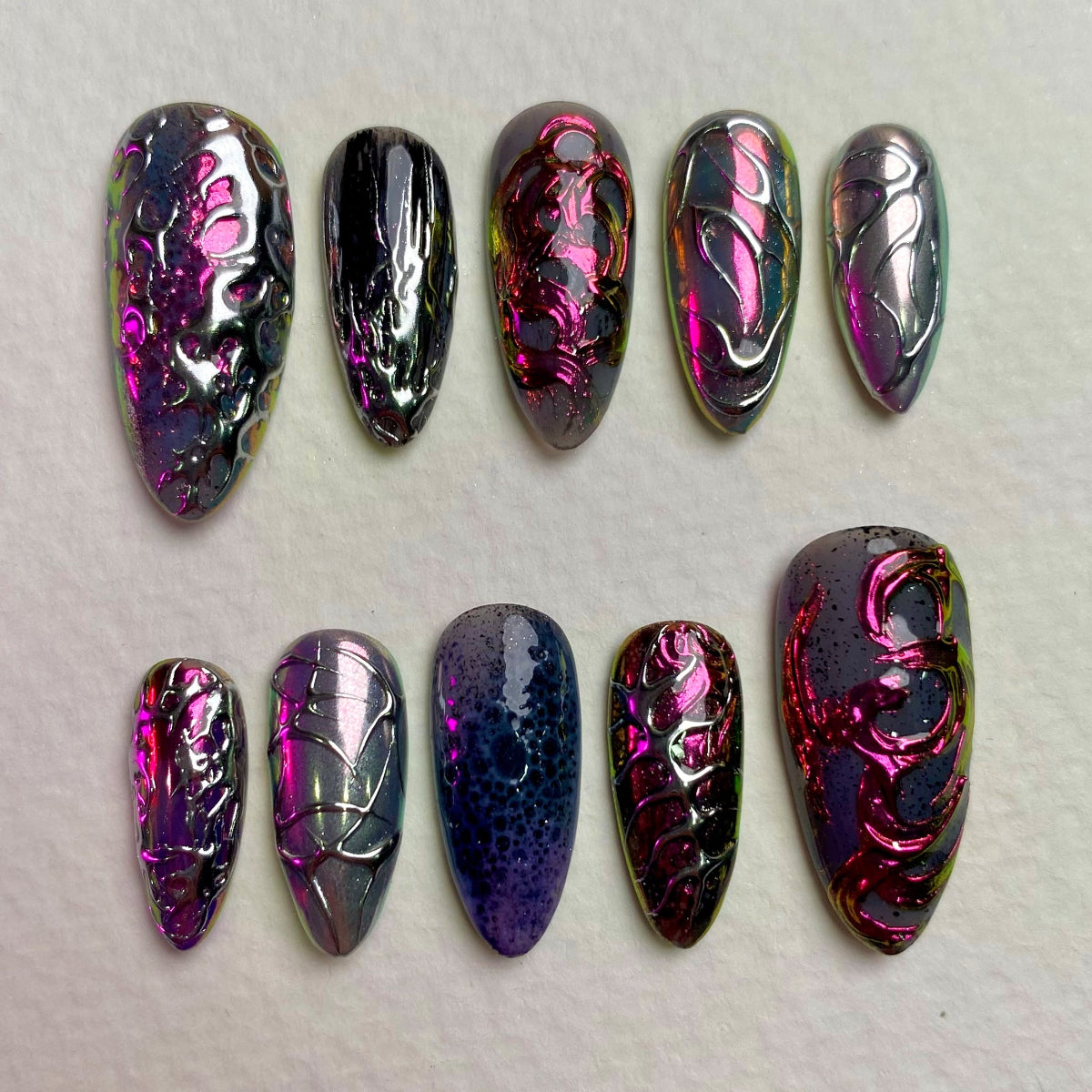 Purple Chrome Press-On Nails, Iridescent Gothic Alien Fake Nails with Bio Texture