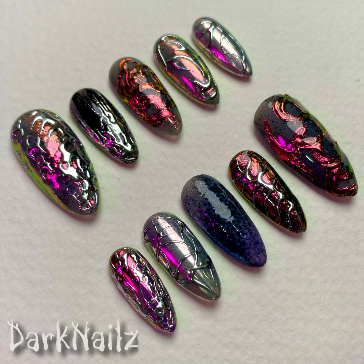 Purple Chrome Press-On Nails, Iridescent Gothic Alien Fake Nails with Bio Texture