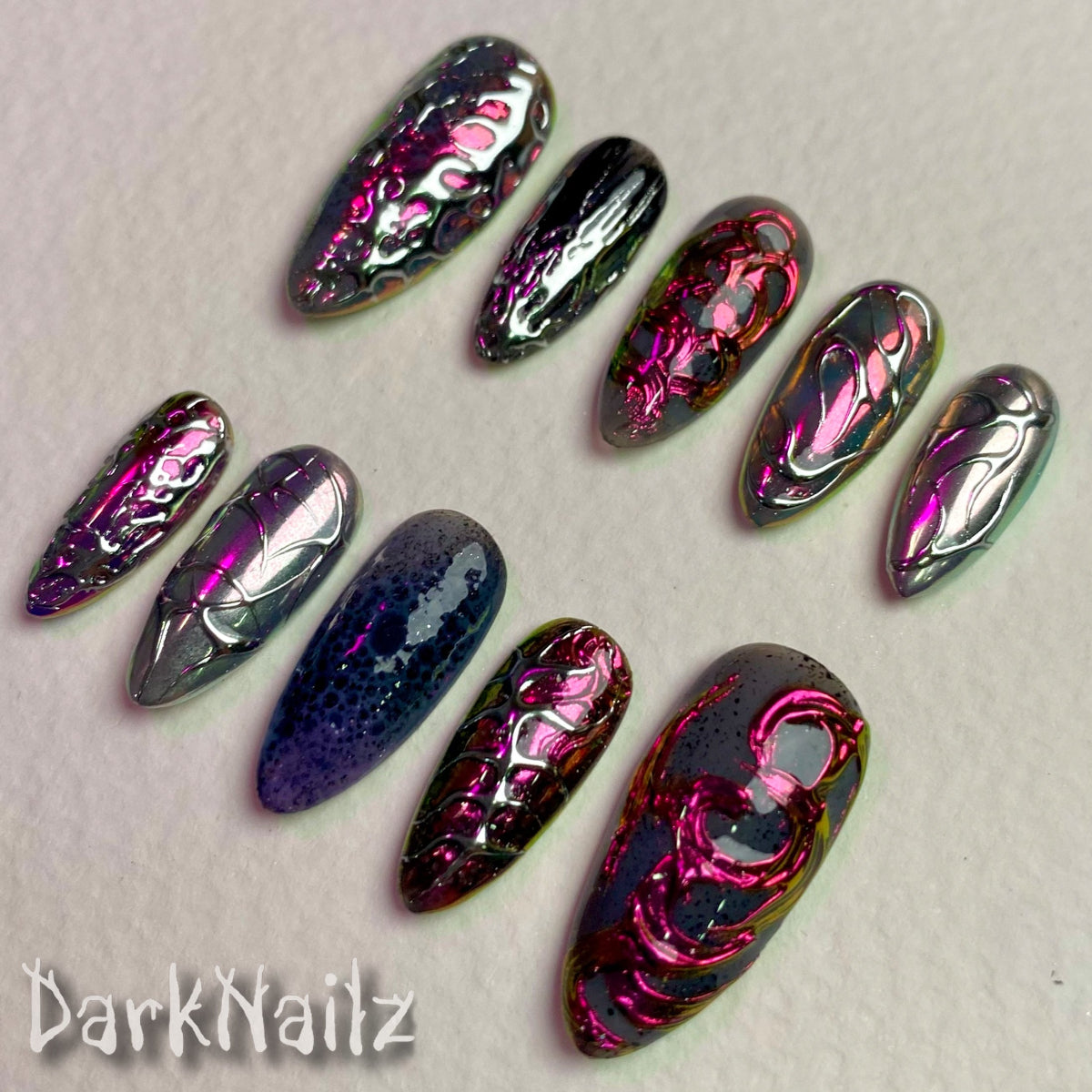 Purple Chrome Press-On Nails, Iridescent Gothic Alien Fake Nails with Bio Texture