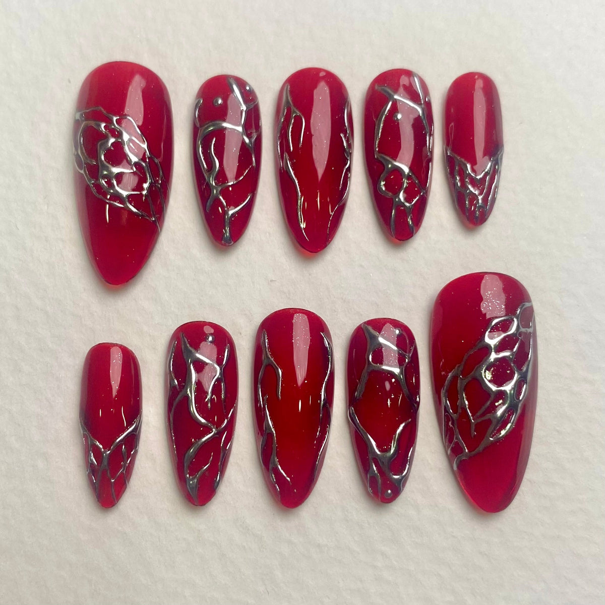 Cherry Jelly Press-On Nails, Red Chrome Vein Gothic Fake Nails in Transparent Blood Finish