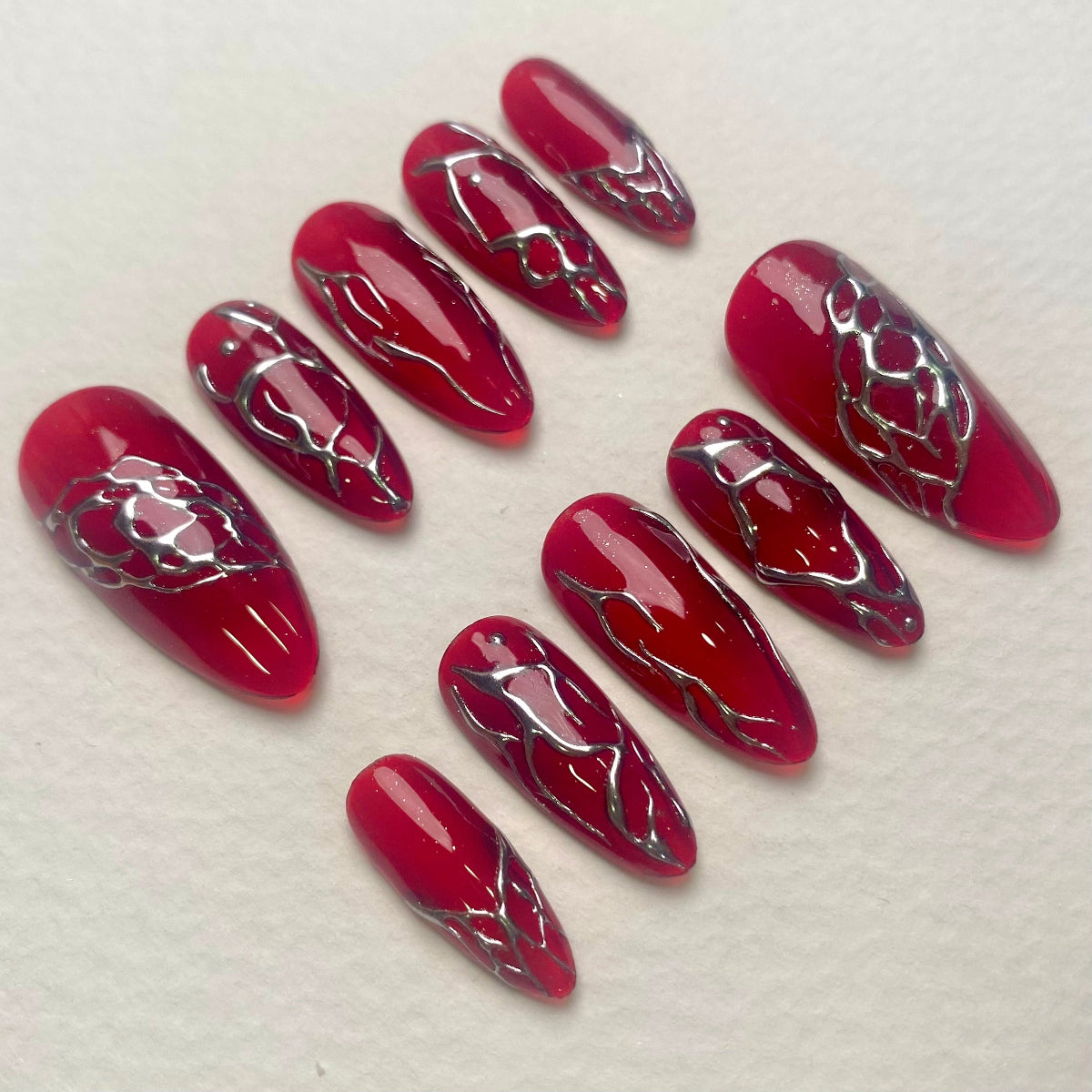 Cherry Jelly Press-On Nails, Red Chrome Vein Gothic Fake Nails in Transparent Blood Finish