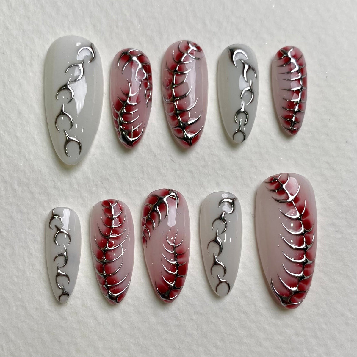 White Red Gradient Press-On Nails, Chrome Centipede Spine Gothic Fake Nails