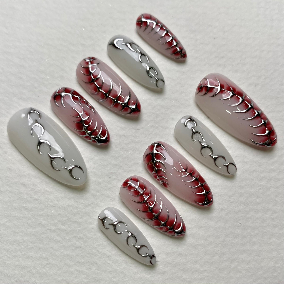 White Red Gradient Press-On Nails, Chrome Centipede Spine Gothic Fake Nails