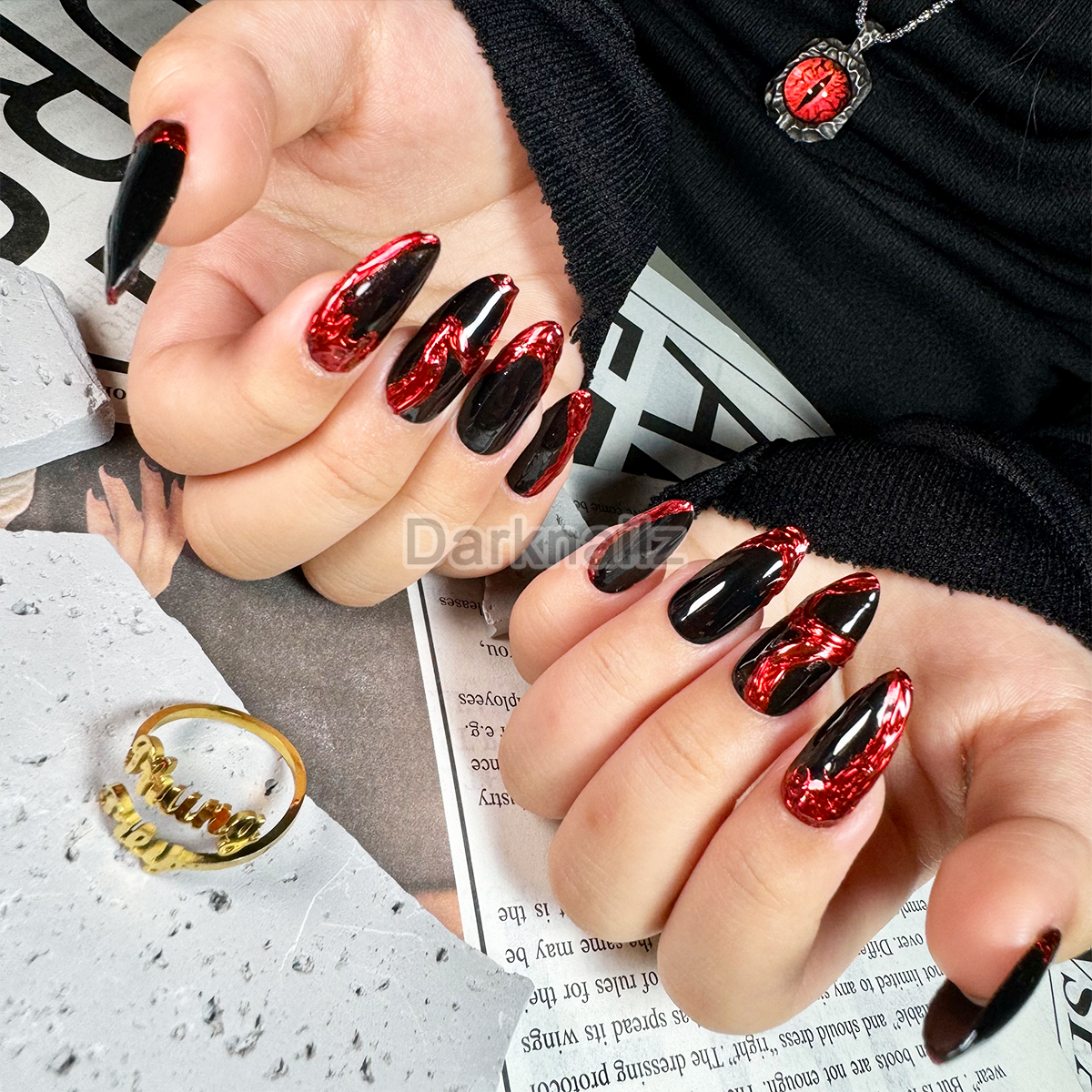 Black Red Chrome Press-On Nails, Blood Mirror Gothic Fake Nails with Liquid Metal Effect