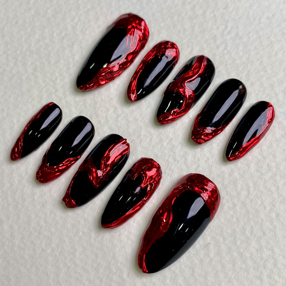 Black Red Chrome Press-On Nails, Blood Mirror Gothic Fake Nails with Liquid Metal Effect