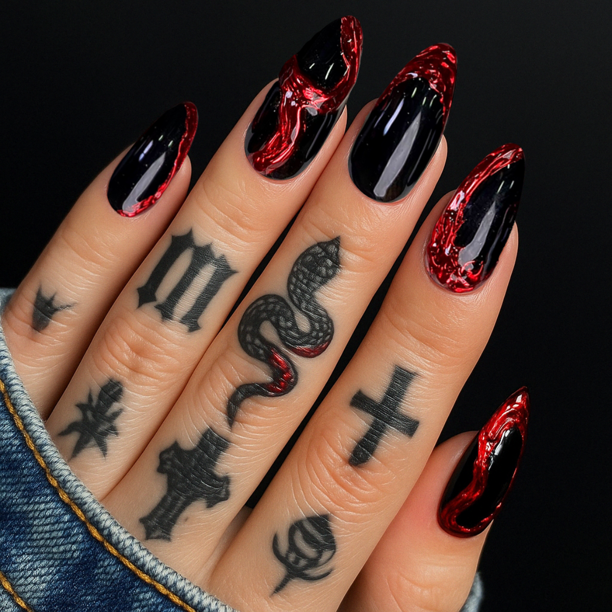 Black Red Chrome Press-On Nails, Blood Mirror Gothic Fake Nails with Liquid Metal Effect