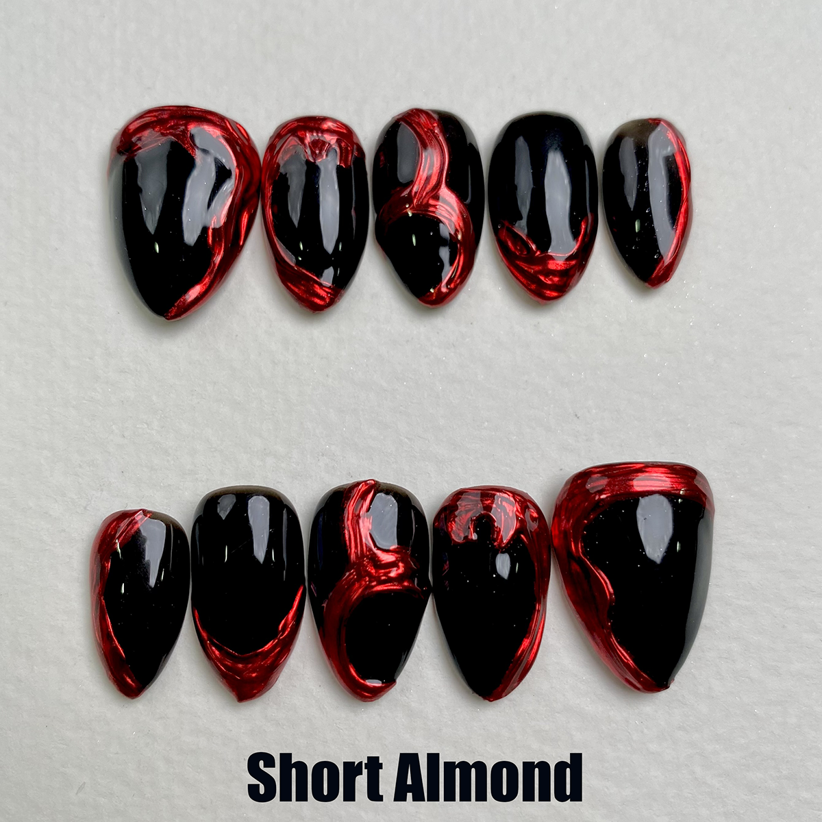 Black Red Chrome Press-On Nails, Blood Mirror Gothic Fake Nails with Liquid Metal Effect