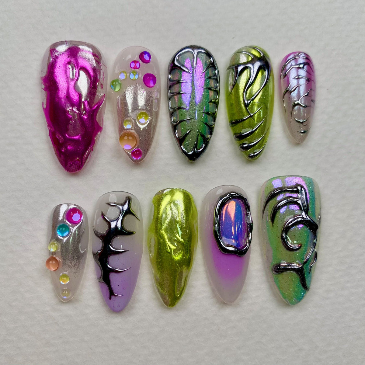 Prism Crush Press-On Nails – Iridescent Y2K Fake Nails with Chrome Details & Jelly Accents