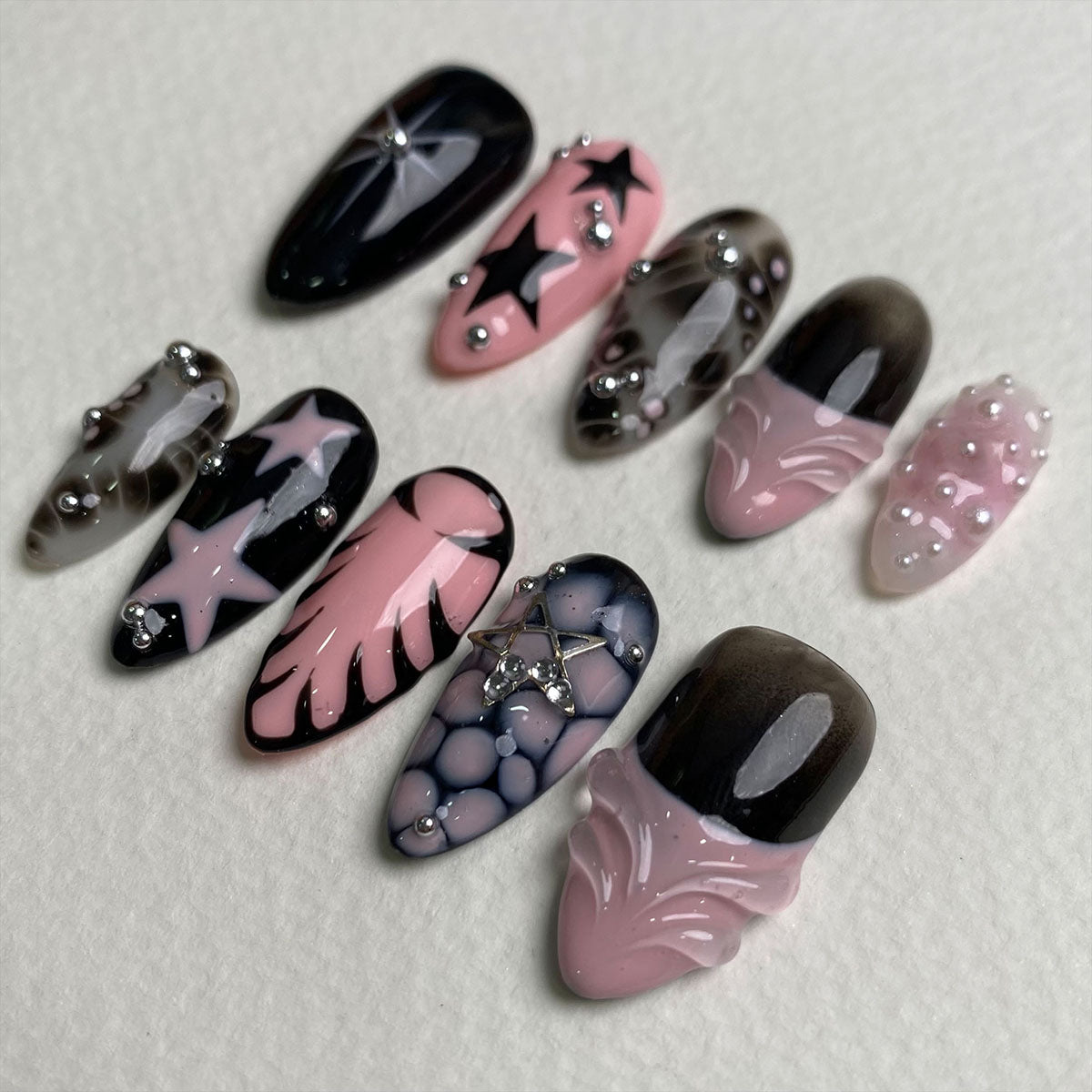 Black Pink Stardust Press-On Nails – Bold Gothic Fake Nails with Stars & Smoky Marble Effect