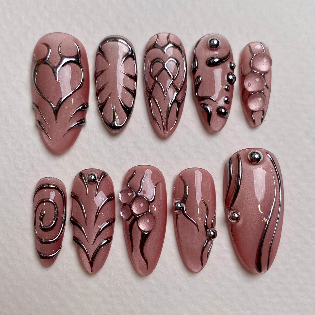 Rosé Catlight Chrome Press On Nails, Pink Glazed Cute Fake Nails
