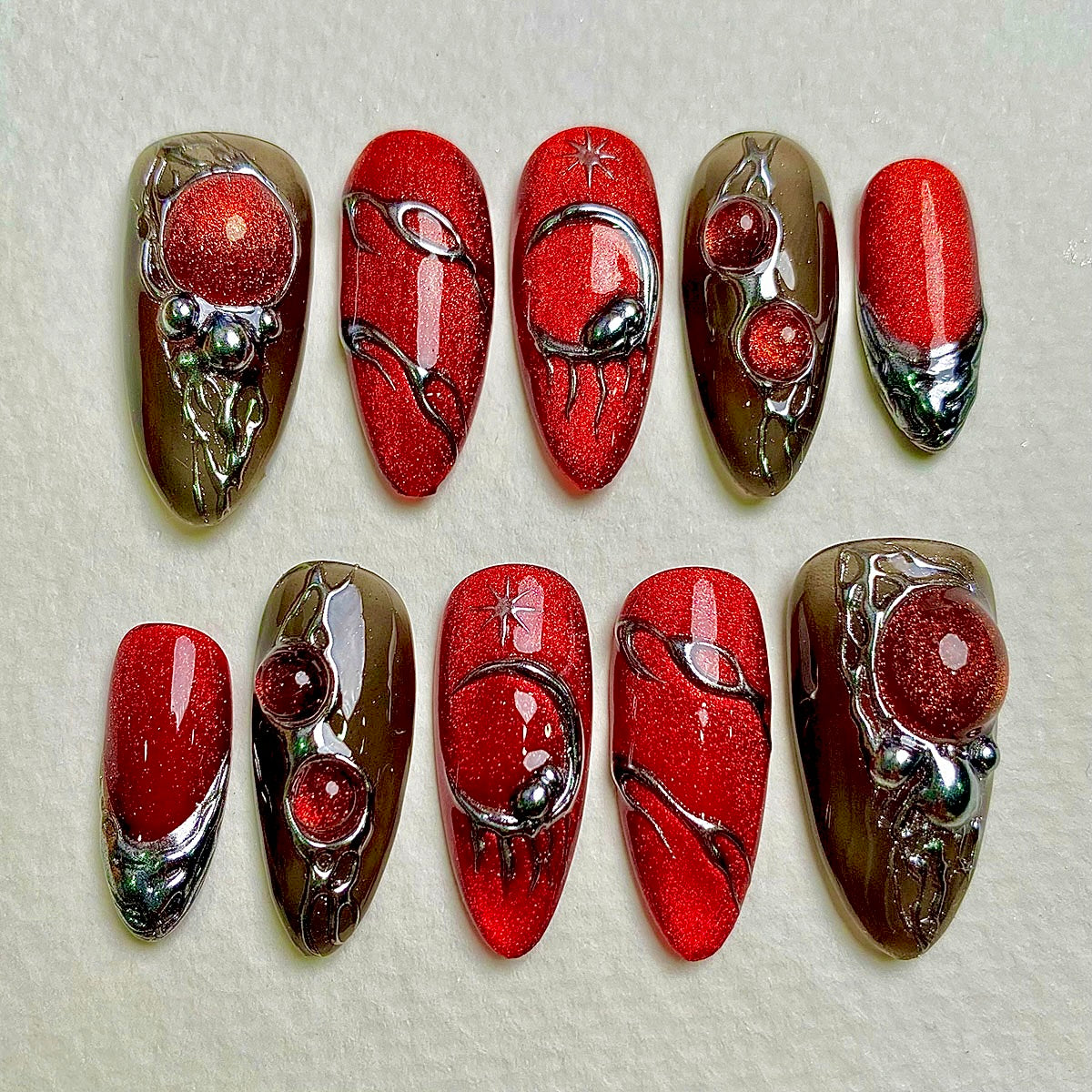BloodOrb Chrome Eclipse Press On Nails, Red Cat Eye Gothic Fake Nails with Silver Mirror Glaze