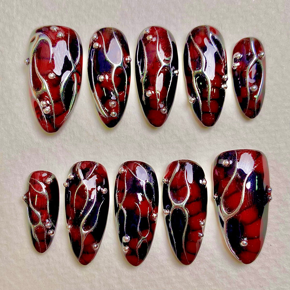 Black Widow Web Press On Nails, Red Chrome Gothic Fake Nails with Silver Veins