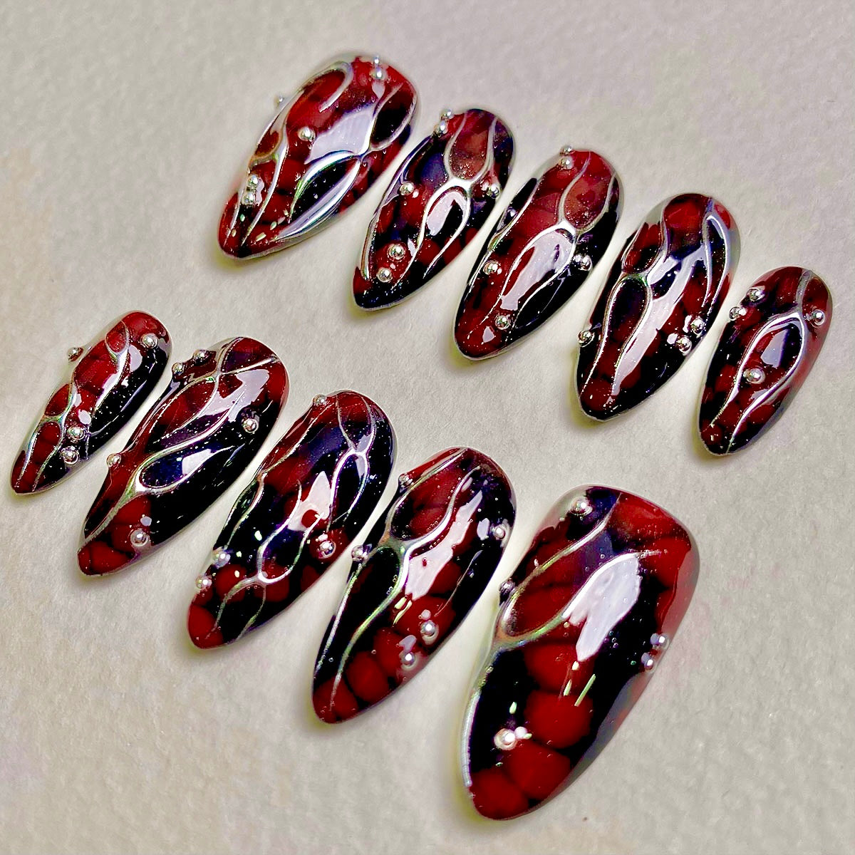 Black Widow Web Press On Nails, Red Chrome Gothic Fake Nails with Silver Veins