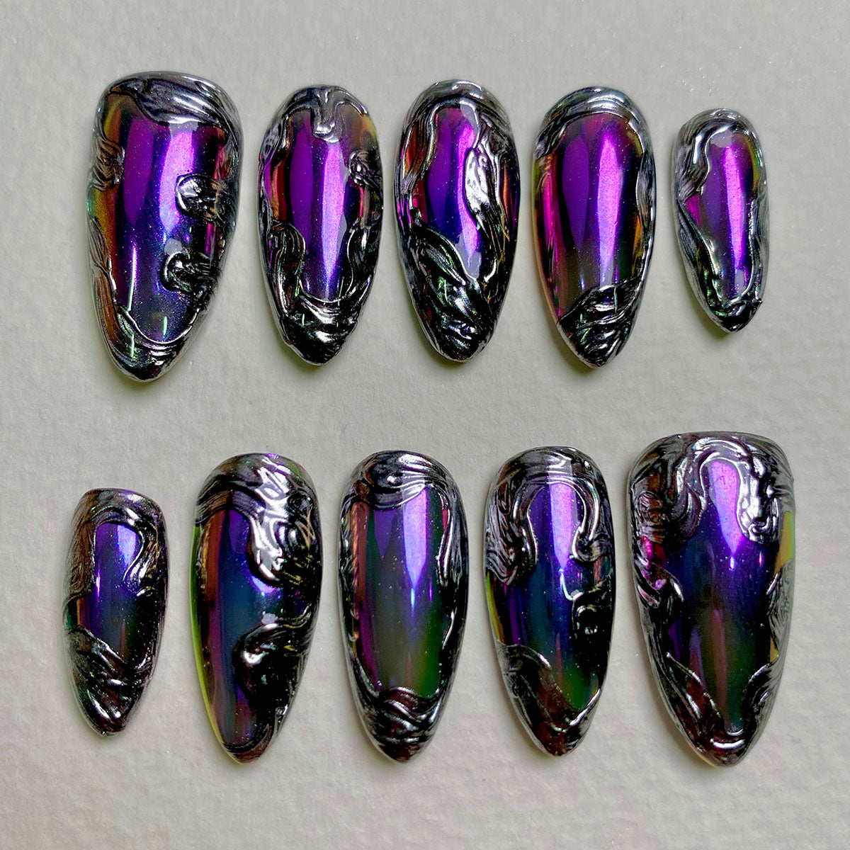 Dark Purple Chrome Mirror Glaze Press On Nails, Gothic Silver Chrome Fake Nails