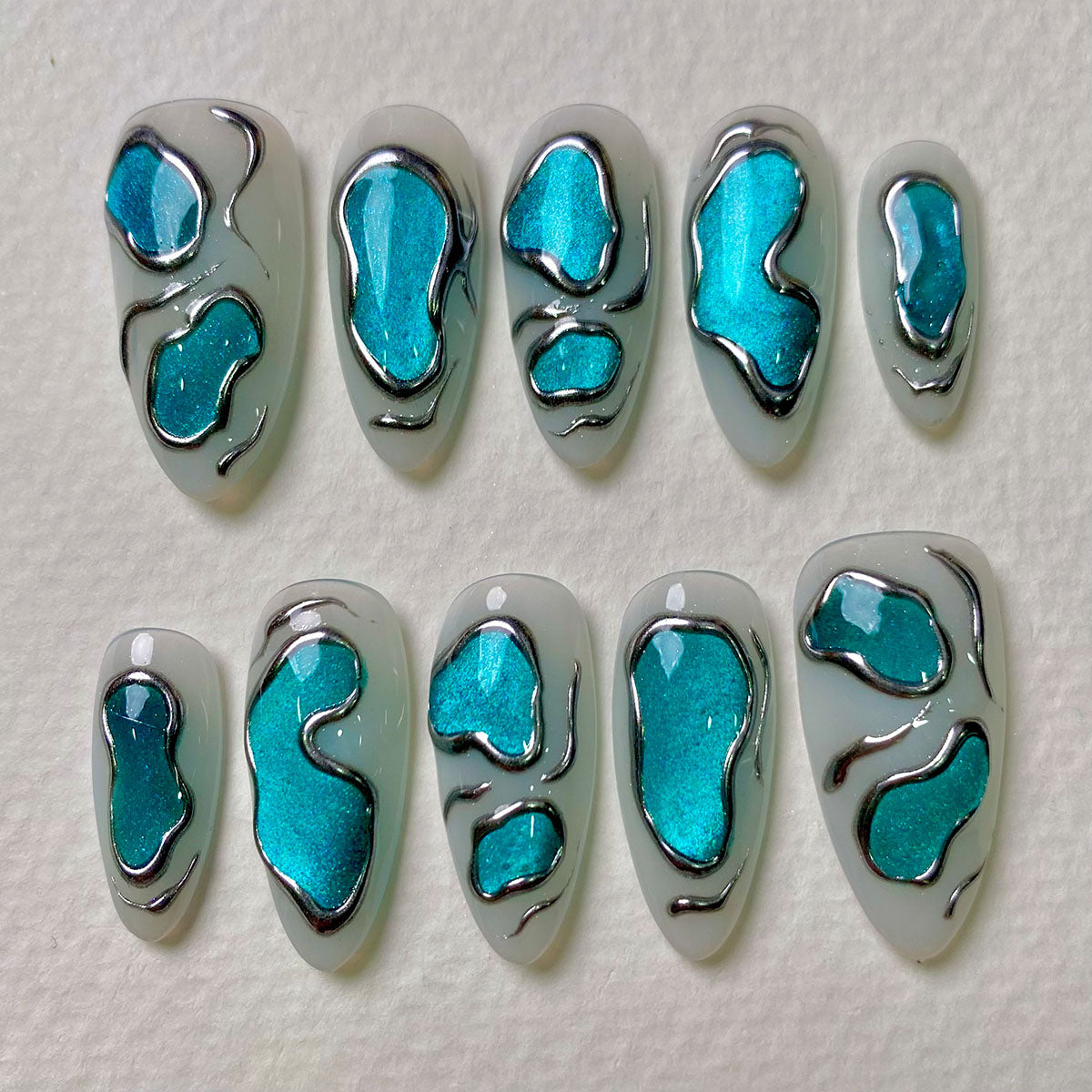 Aqua Bloom Chrome Press On Nails, Teal Silver Accent Fake Nails for a Fresh Glow