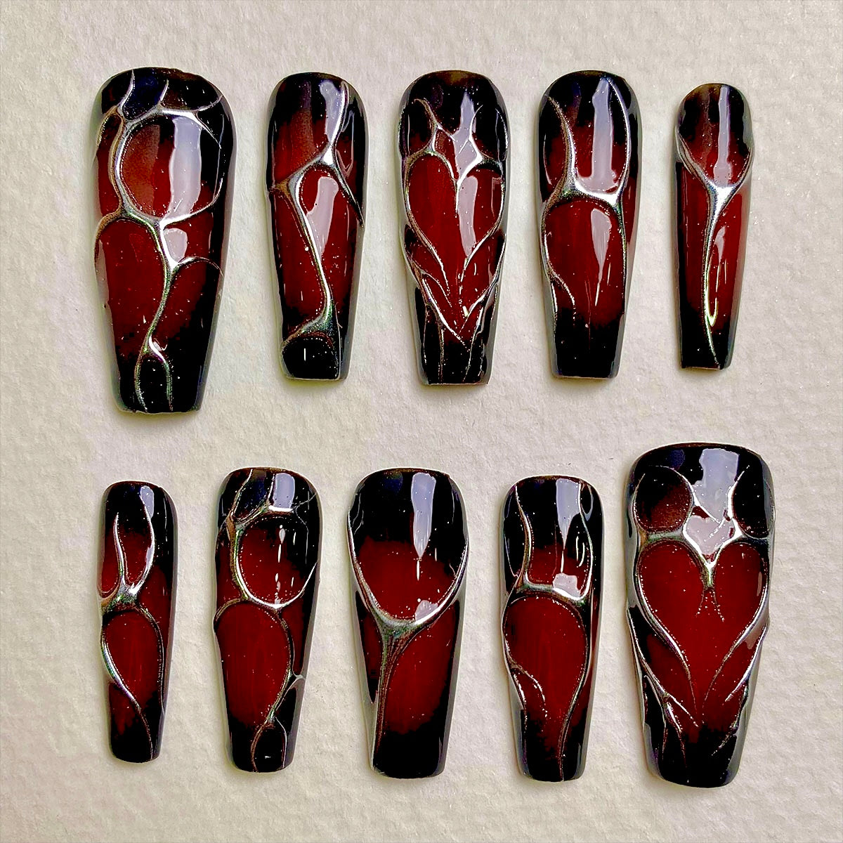 Bloody Romance Heart Press-On Nails, Burgundy Chrome Fake Nails with Gothic Silver Veins