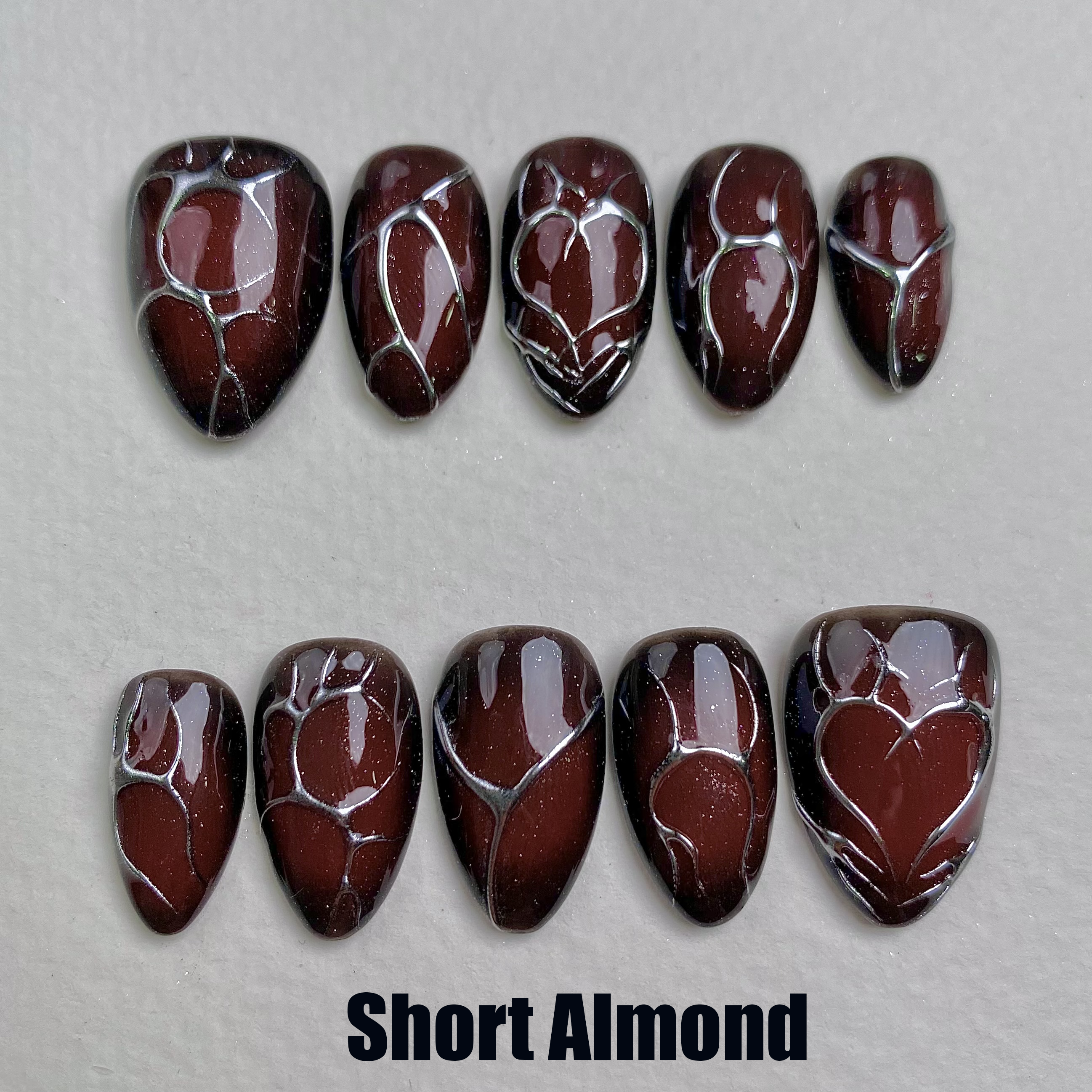 Bloody Romance Heart Press-On Nails, Burgundy Chrome Fake Nails with Gothic Silver Veins