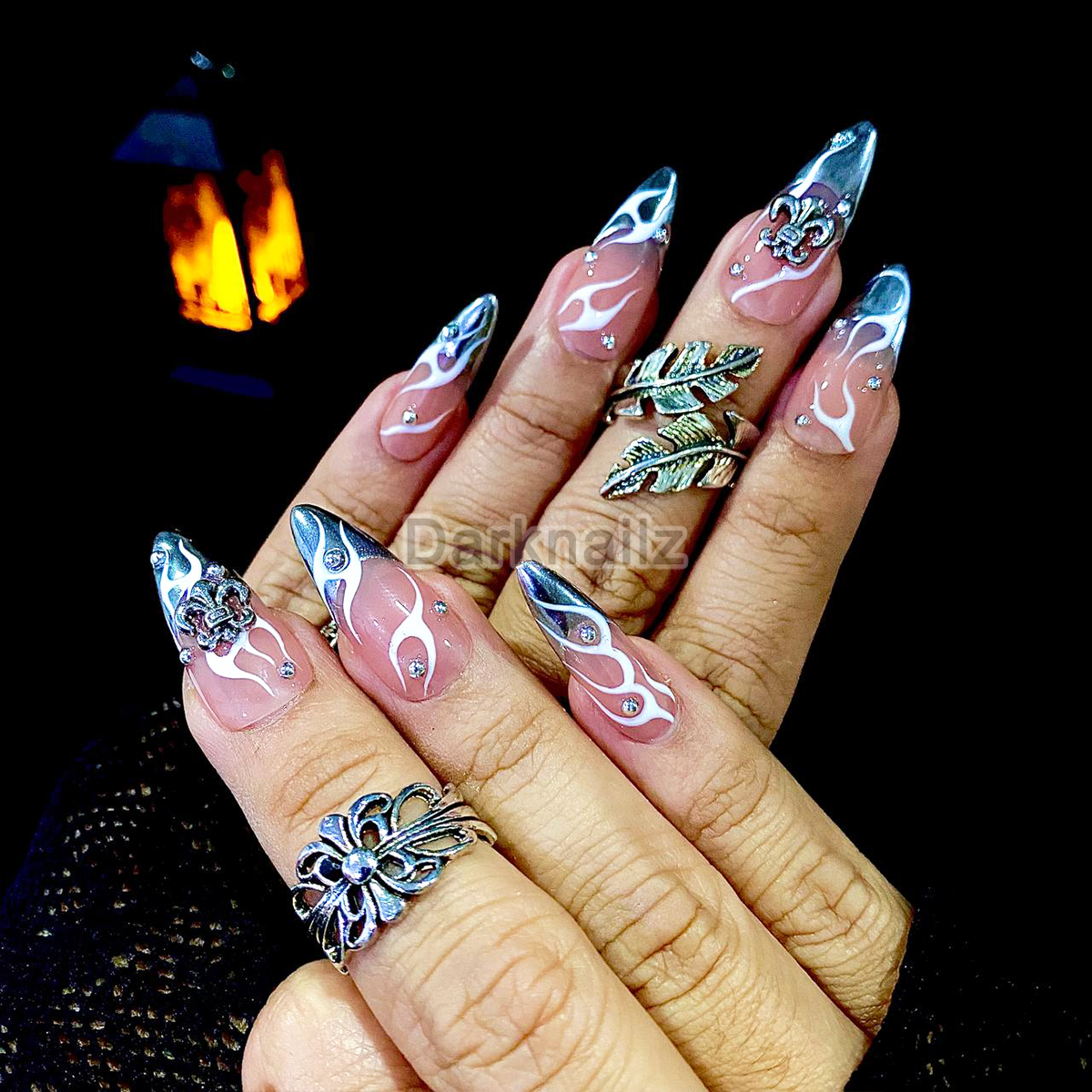 Ashen Relic – Nude Brown Press-On Nails, Gothic Fake Nails with Silver Armor Charms