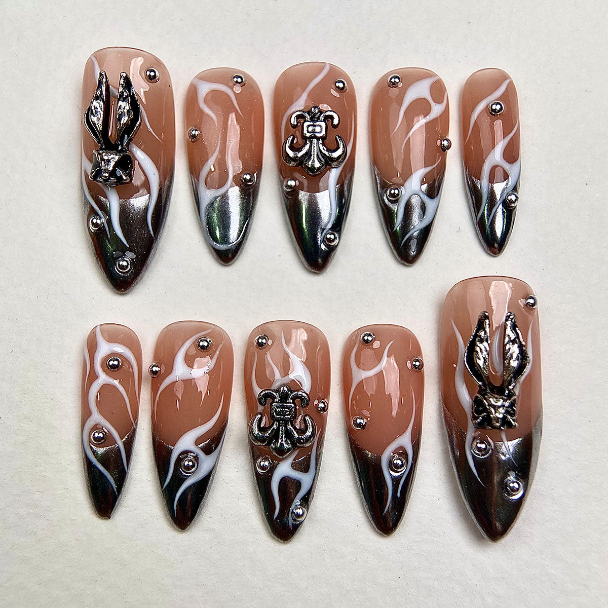 Ashen Relic – Nude Brown Press-On Nails, Gothic Fake Nails with Silver Armor Charms