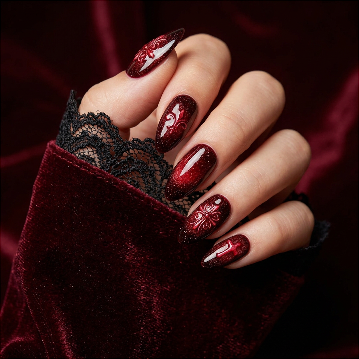 Blood Eclipse – Red Cat Eye Press-On Nails, Gothic Fake Nails with Dark Cross Details