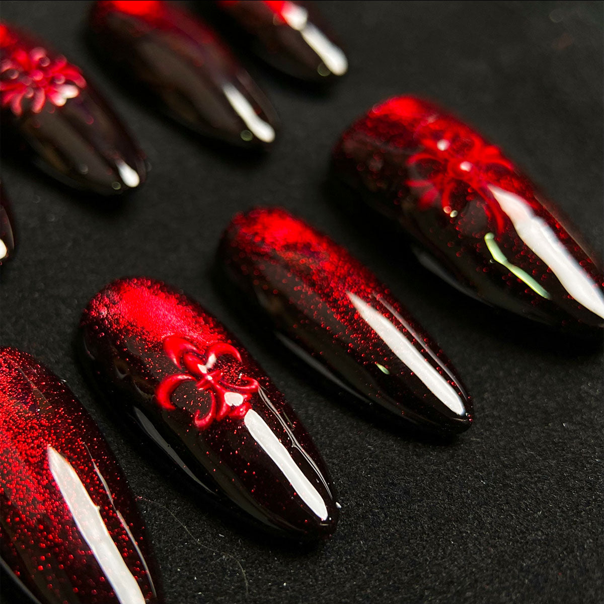 Blood Eclipse – Red Cat Eye Press-On Nails, Gothic Fake Nails with Dark Cross Details