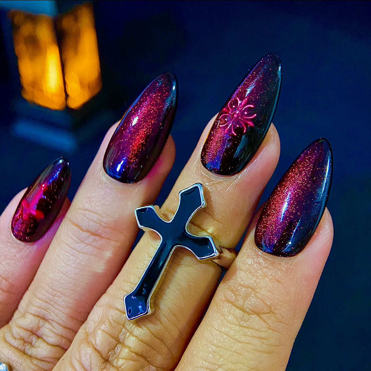 Blood Eclipse – Red Cat Eye Press-On Nails, Gothic Fake Nails with Dark Cross Details
