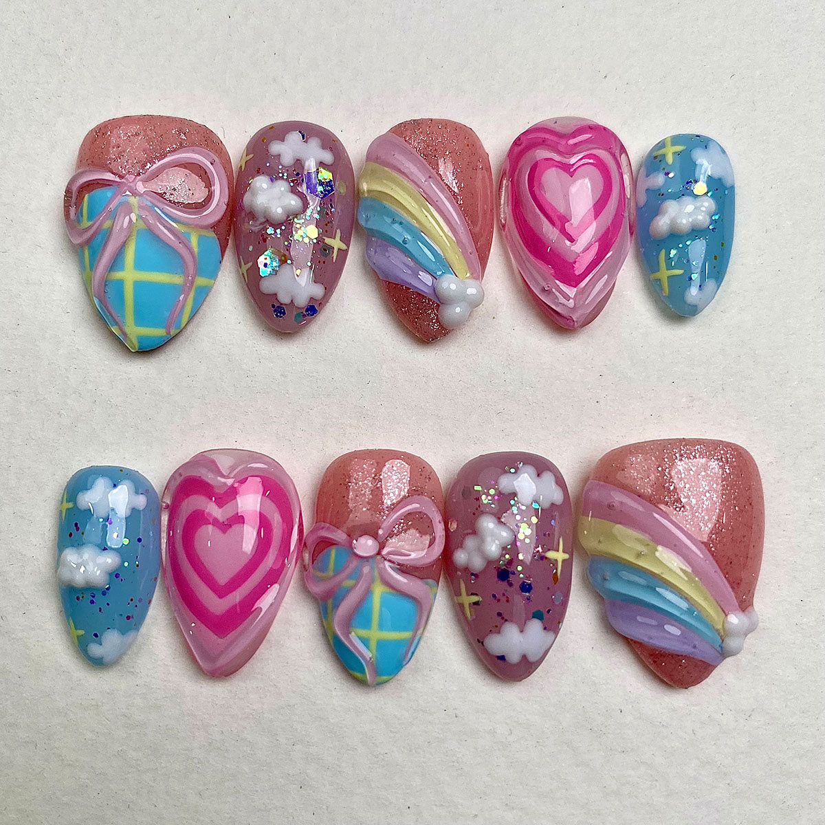Pastel Cloud Pop – Pink Press-On Nails, Kawaii Fake Nails with Rainbow, Heart and Puffy Cloud Design