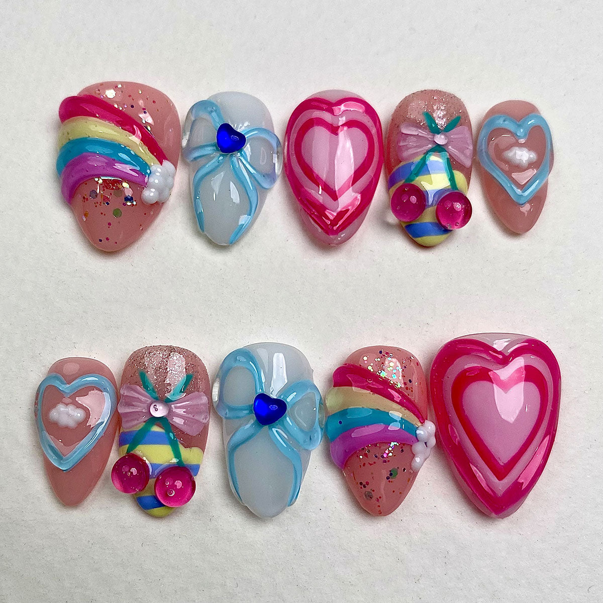 Rainbow Crush – Pink Press-On Nails, Kawaii Fake Nails with Heart, Bow and Pastel Charms