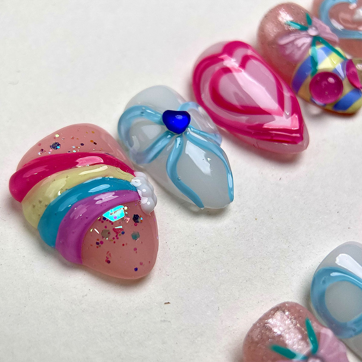 Rainbow Crush – Pink Press-On Nails, Kawaii Fake Nails with Heart, Bow and Pastel Charms