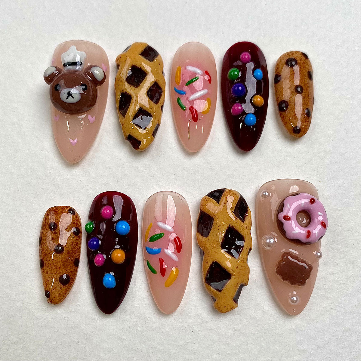 Sugar Bear Treats – Kawaii Press-On Nails, Sweet Fake Nails with Bear, Cookie, Candy and Donut Design