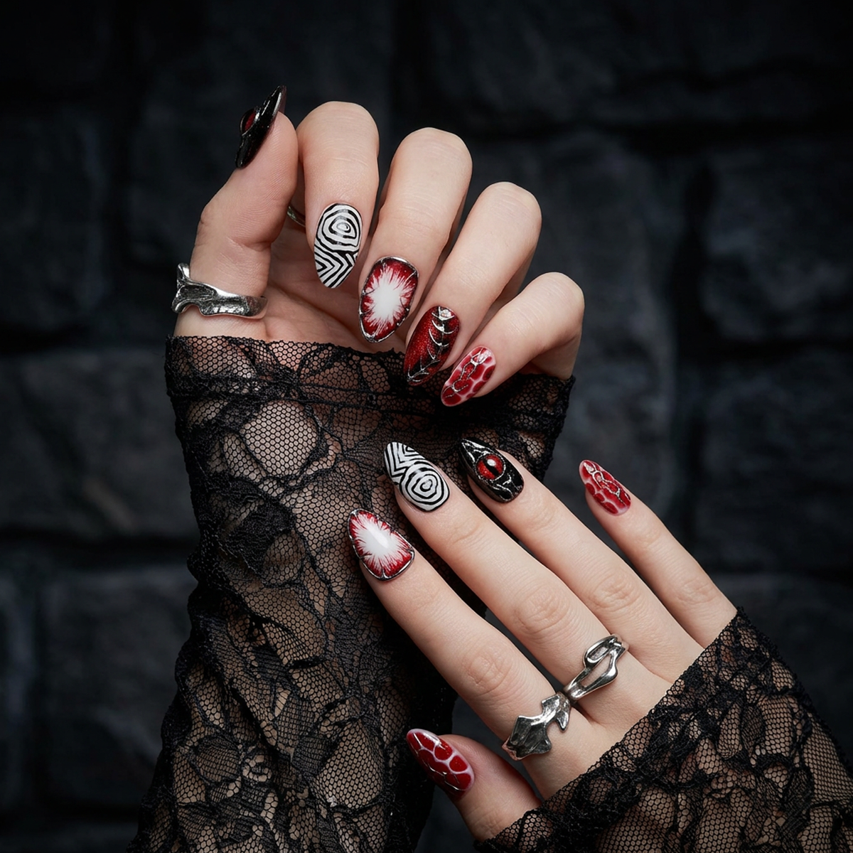 Infernal Eye Gothic Press-On Nails – Red & Black Cat Eye Fake Nails
