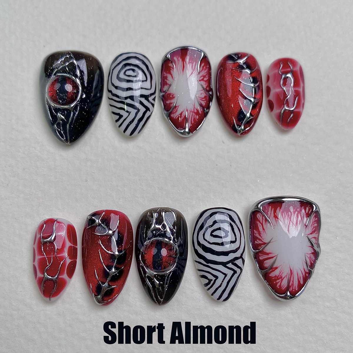Infernal Eye Gothic Press-On Nails – Red & Black Cat Eye Fake Nails