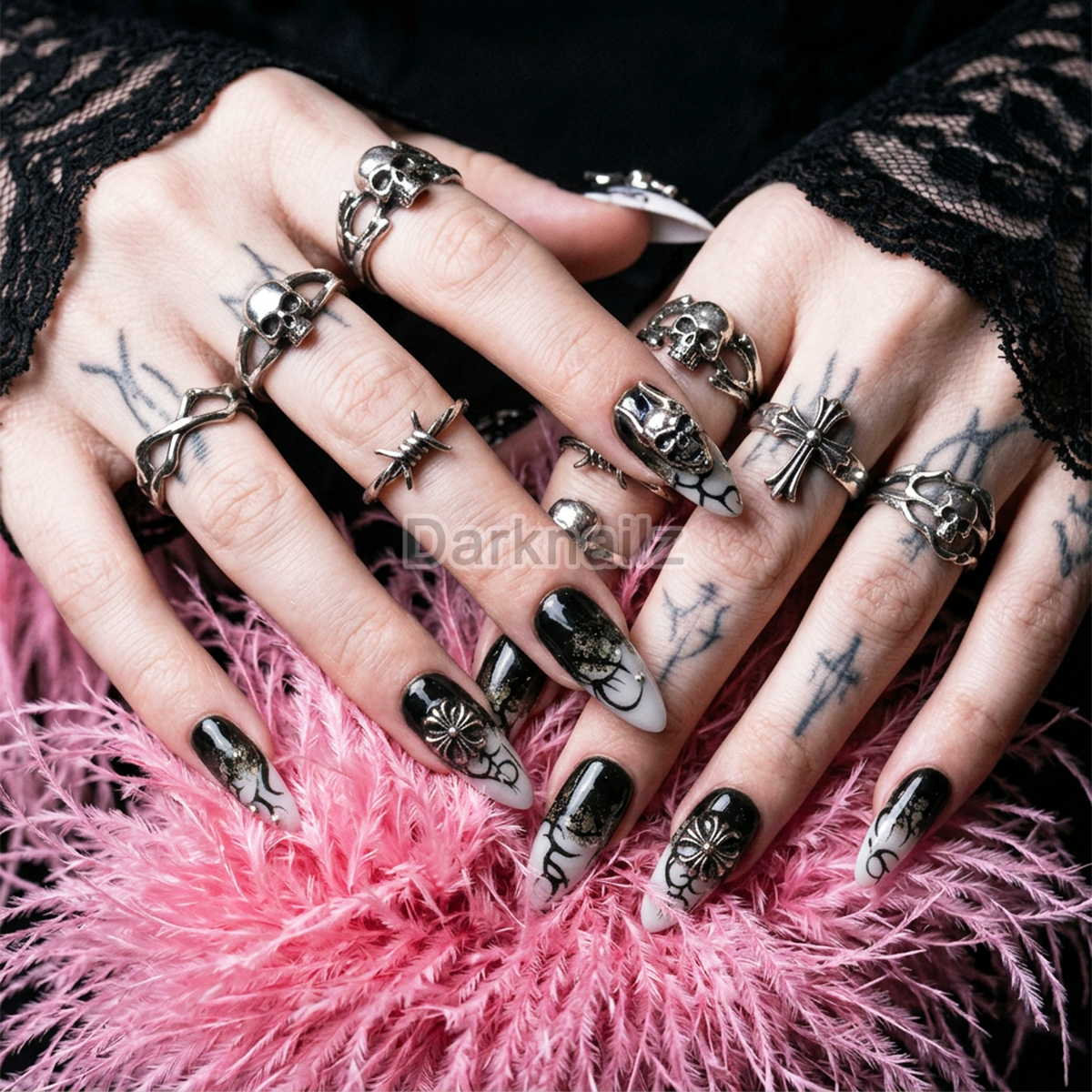 Hellfang Silver Gothic Press-On Nails – Black White Cybersigilism Fake Nails
