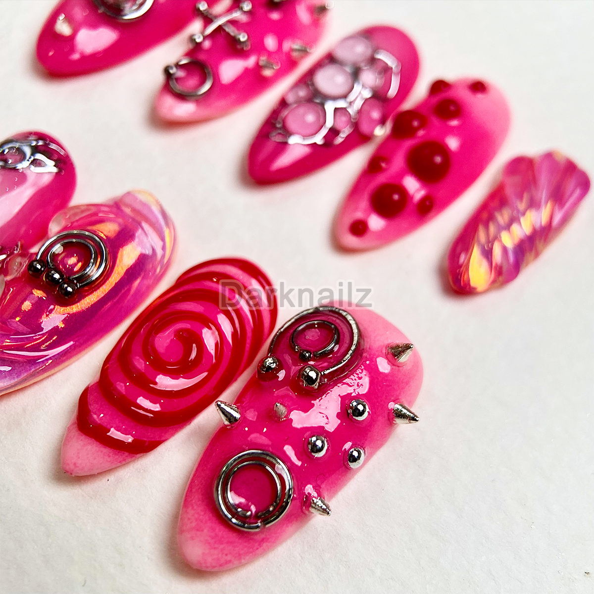Luxury Venom Pink Gothic Press-On Nails – Hot Pink Cyber Fake Nails