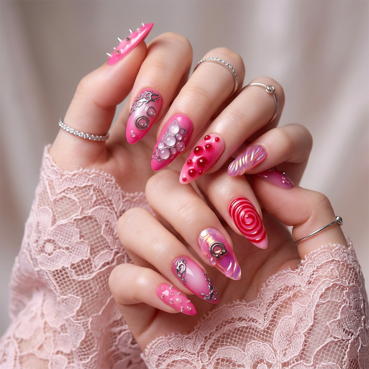 Luxury Venom Pink Gothic Press-On Nails – Hot Pink Cyber Fake Nails