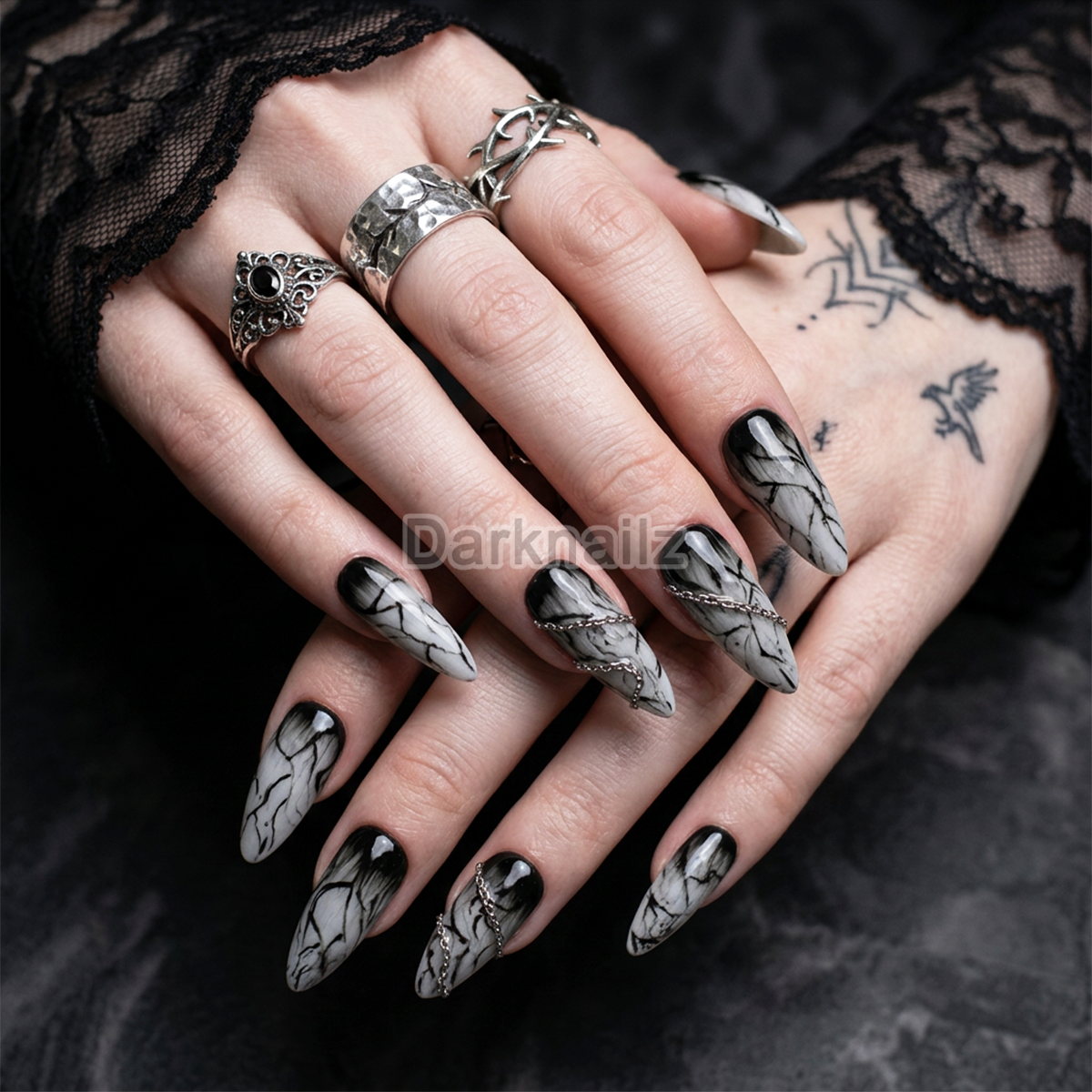 Phantom Marble Gothic Press-On Nails – Black White Smoke Fake Nails