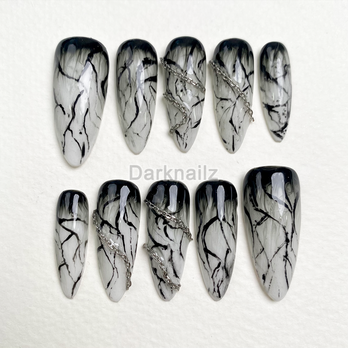 Phantom Marble Gothic Press-On Nails – Black White Smoke Fake Nails