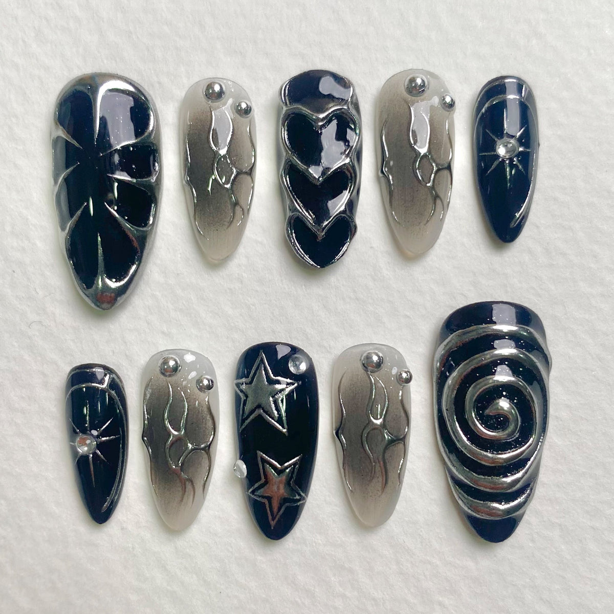 Black Silver Gradient Press-On Nails, Chrome Heart Star Gothic Fake Nails with Spiral Art