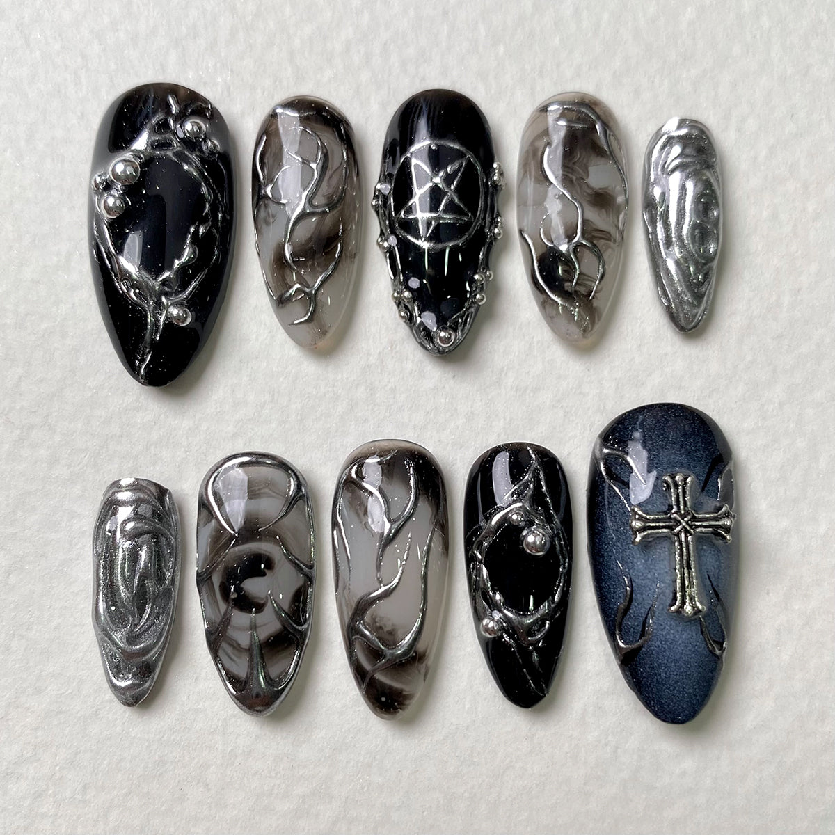 Nightbane Black Chrome Press On Nails, Gothic Dark Cross Fake Nails