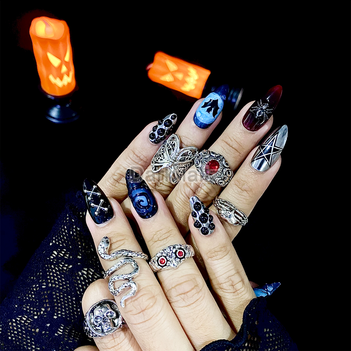 Midnight Blue Moon Gothic Cat Bat Press On Nails, Black Red Chrome Dark Vampire Fake Nails
