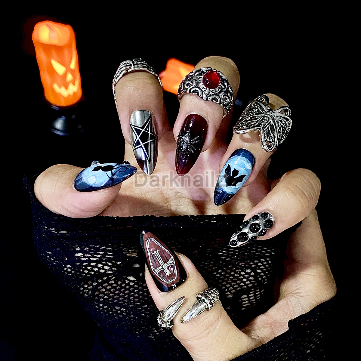 Midnight Blue Moon Gothic Cat Bat Press On Nails, Black Red Chrome Dark Vampire Fake Nails