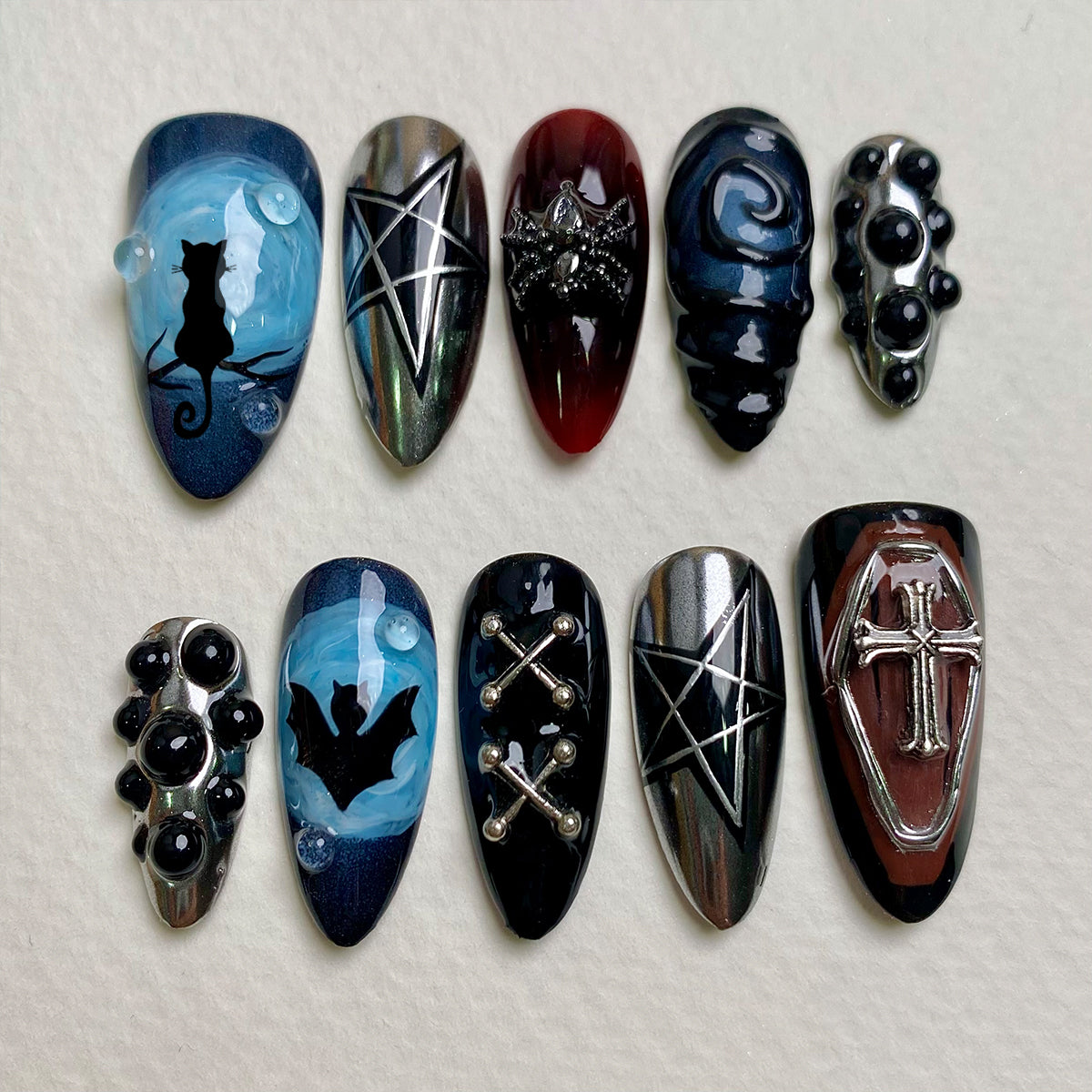 Midnight Blue Moon Gothic Cat Bat Press On Nails, Black Red Chrome Dark Vampire Fake Nails