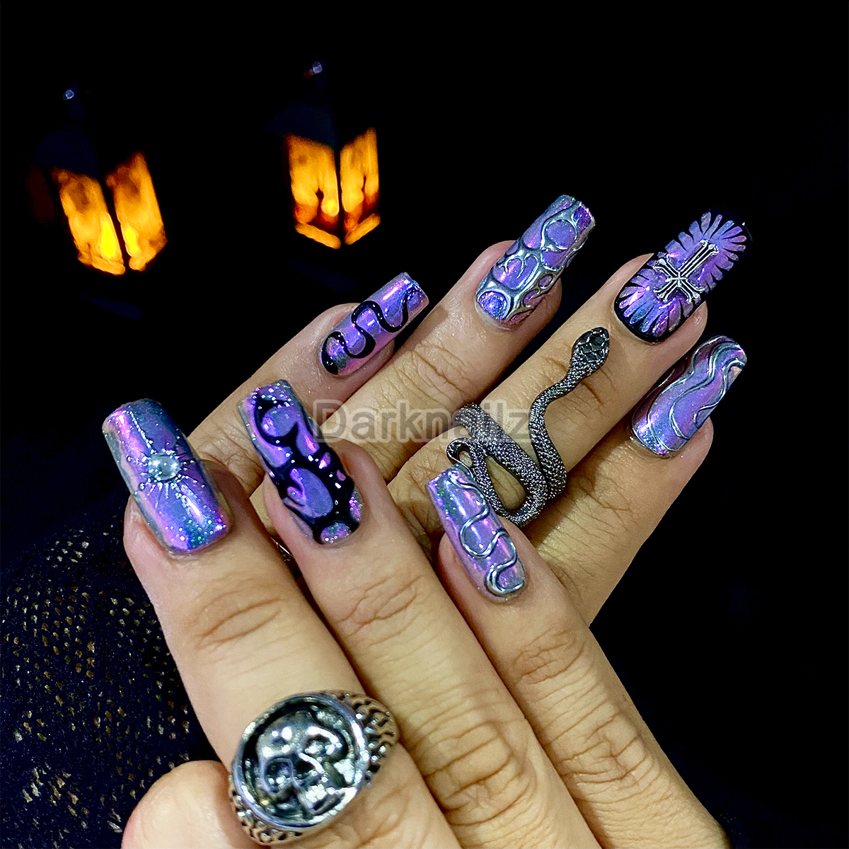 Purple Chrome Press-On Nails, Gothic Cross Butterfly Fake Nails in Dark Mirror Finish