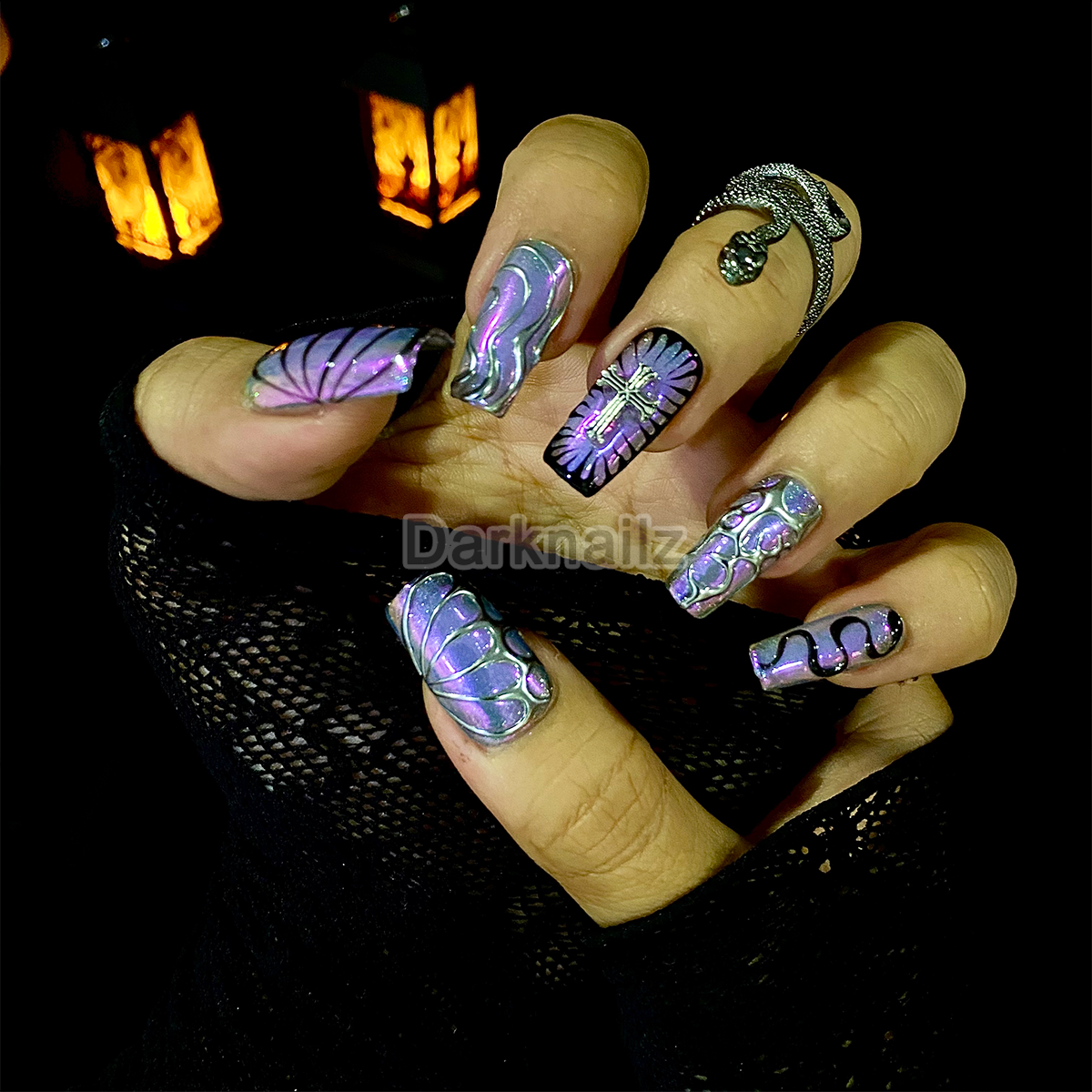 Purple Chrome Press-On Nails, Gothic Cross Butterfly Fake Nails in Dark Mirror Finish