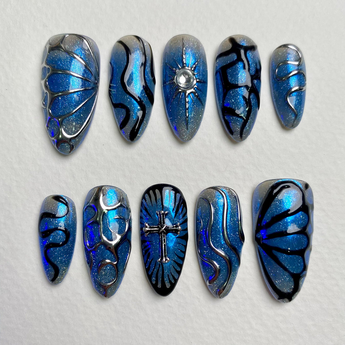Blue Glitter Press-On Nails, Chrome Butterfly Cross Gothic Fake Nails